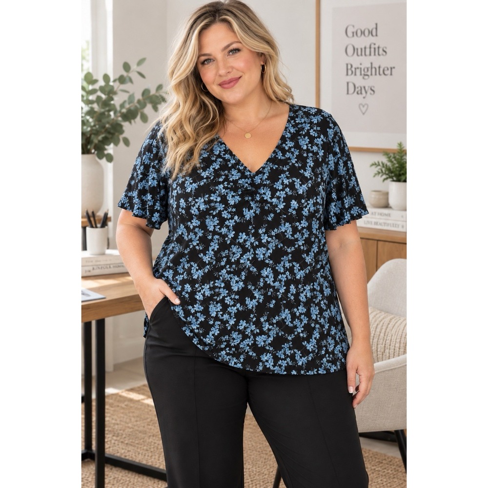 Jaclyn Smith Classic 2X Black Blue Floral Flutter Sleeve Blouse Made USA Y2K
